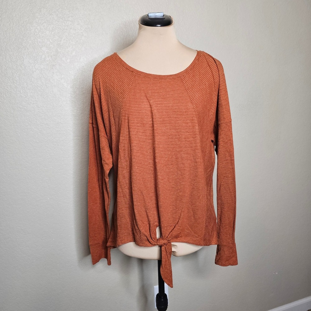 Prana Womens Medium Rust Orange Front Tie Long Sleeve Top Tencel‎ Hemp Blend